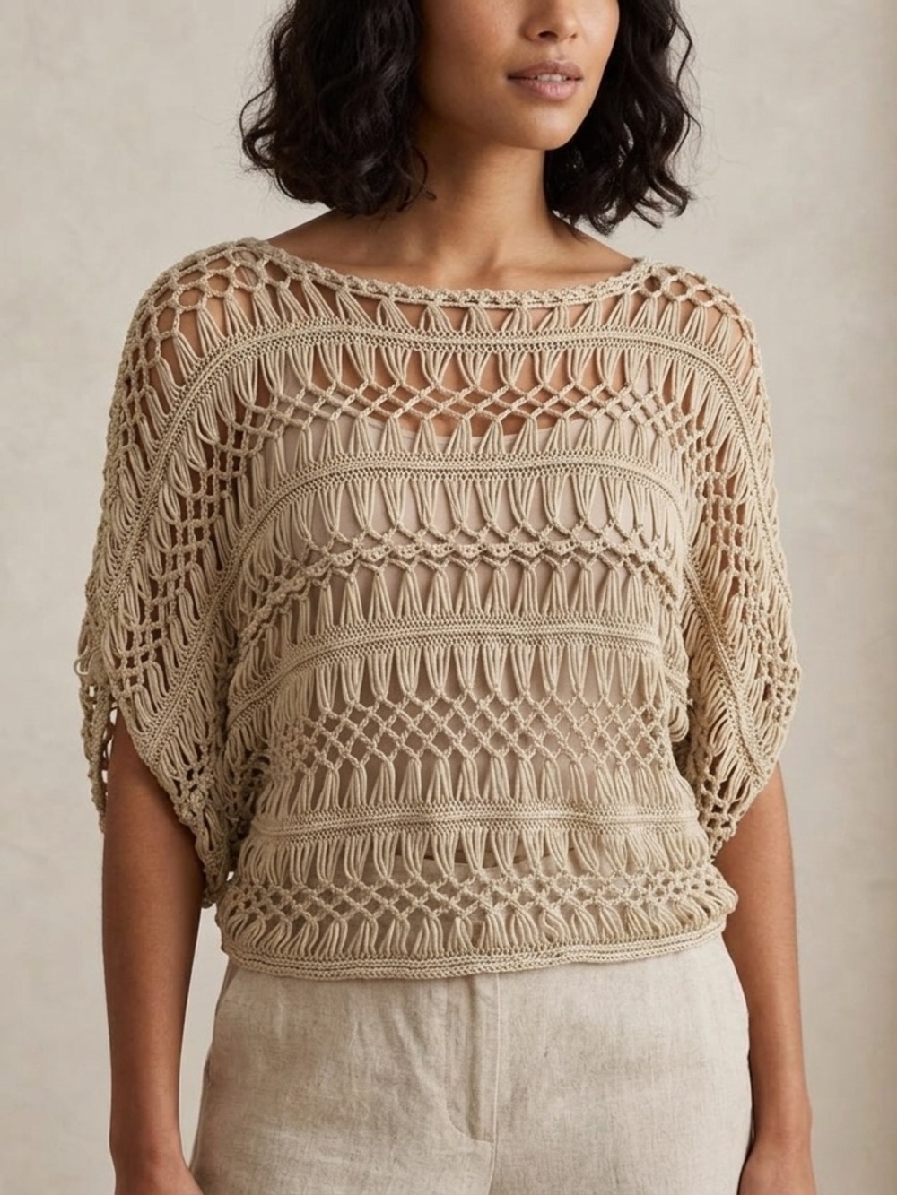 Sans Souci Vintage Boho Hairpin Crochet Top Open Knit Batwing Boatneck Medium